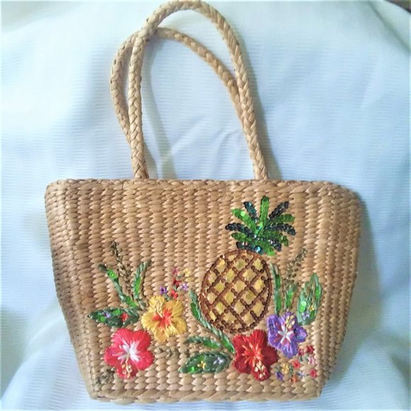 Capelli Handbags - VTG Capelli Straw BAG Embellished Pineapple Flowers Sequins Beach purse Vacation